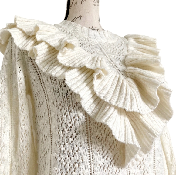 Tularosa Wool Ruffle sweater S white Pointelle Fairy Cottage Coquette Dainty - Picture 12 of 16